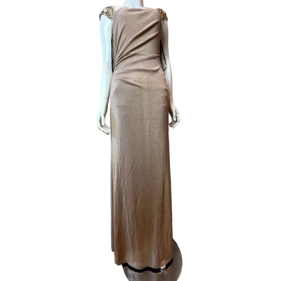 David Meister Women's Gown Evening Dress Long lined Beaded Ruched Tall Gold SZ 6 - Picture 1 of 10